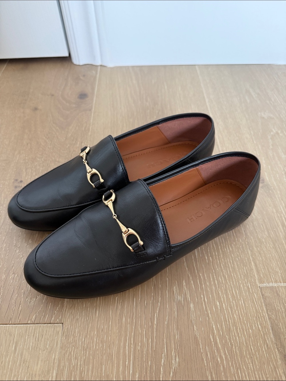 Coach Black Leather Slip-On Loafers with Gold Horsebit